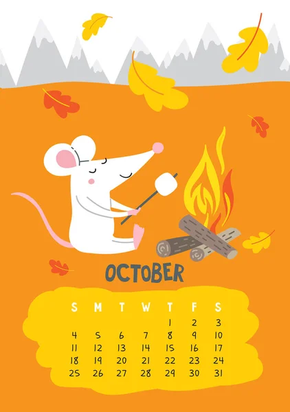 Ottobre. Pagina del calendario vettoriale con ratto carino con marshmallow — Vettoriale Stock