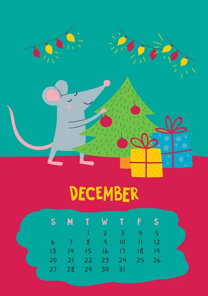 Diciembre. Página del calendario vectorial con linda rata de Navidad — Vector de stock