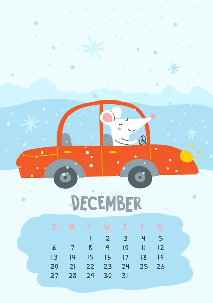 Diciembre. Página de calendario vectorial con lindo coche de conducción de rata — Vector de stock