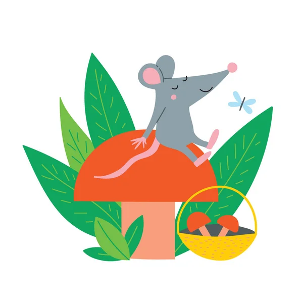 Illustration vectorielle de rat mignon assis sur champignon d'automne . — Image vectorielle