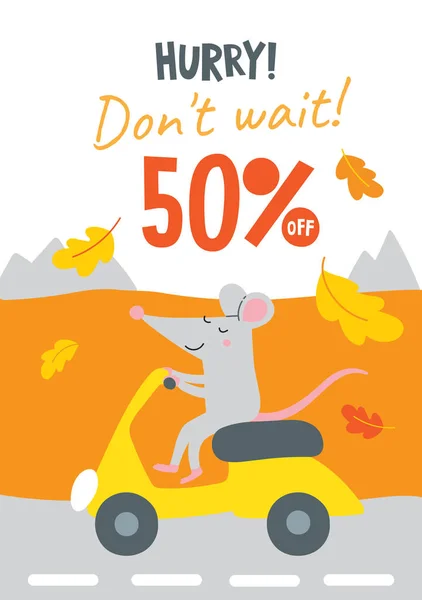 Banner de venda de vetor decorado com folhas de carvalho de outono com rato bonito —  Vetores de Stock