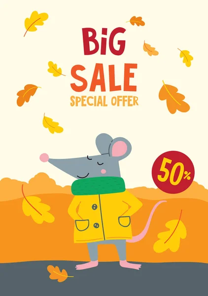 Banner de venda de vetor decorado com folhas de carvalho de outono com rato bonito —  Vetores de Stock