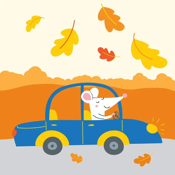 Vektorillustration der niedlichen Ratte, die am Herbstwochenende mit dem Auto unterwegs ist, — Stockvektor