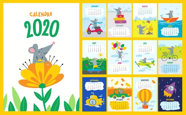 Wektor kolorowy Kalendarz miesięczny z cute rat-chiński symbol 2020 roku Wektor Stockowy