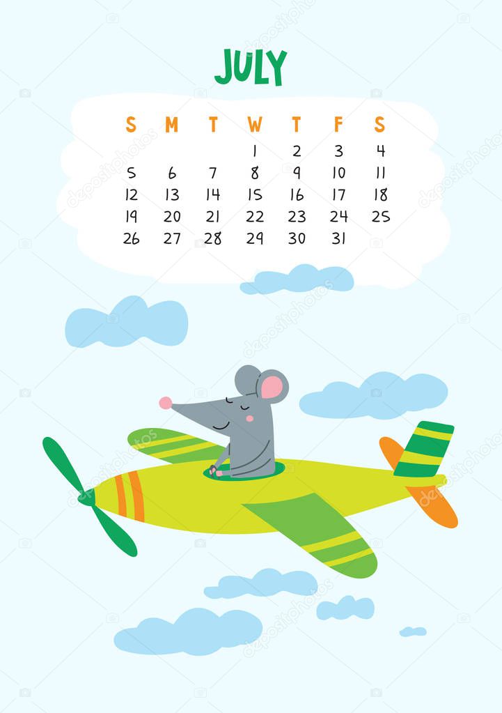 July. Vector calendar page with cute rat in travel - Chinese symbol of 2020 year