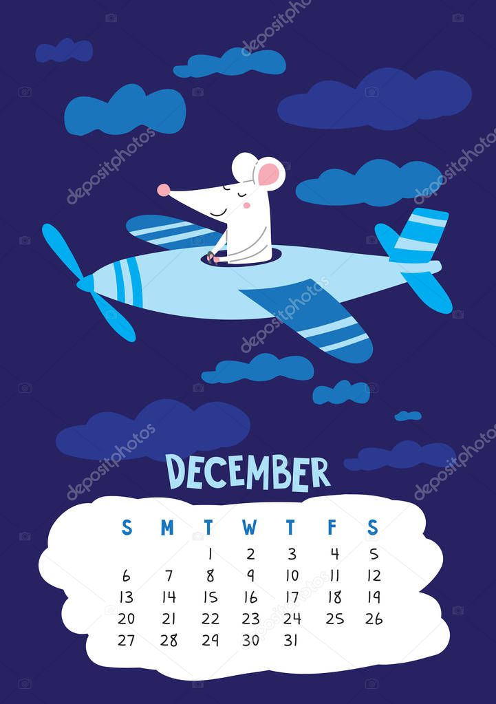 December. Vector calendar page with cute rat pilot flying in plane