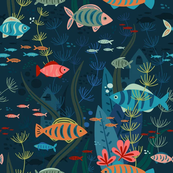 水族馆生活的矢量无缝图案 色彩斑斓的鱼和海草在游动 可印刷和用作包装纸 纺织品 服装等 — 图库矢量图片