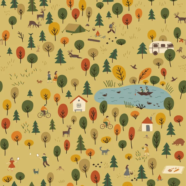 Vektorový Bezproblémový Vzor Podzimní Lesní Krajiny Divokými Zvířaty Lidmi Dovolené — Stockový vektor