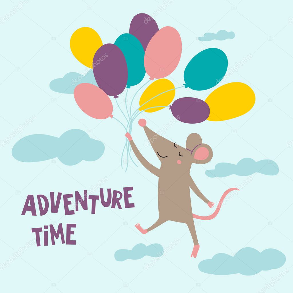 Adventure time. Vector illustration of cute rat flying with colorful air balloons. Can be printed and used as a template for your card design, poster, placard, apparel, children's picture book, advertising, banner.