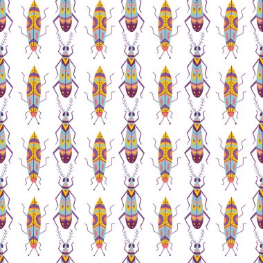 Renkli böcek vektörü dikişsiz desen. Kağıt, duvar kağıdı, tekstil, kumaş, giysi vs. olarak basılabilir ve kullanılabilir.