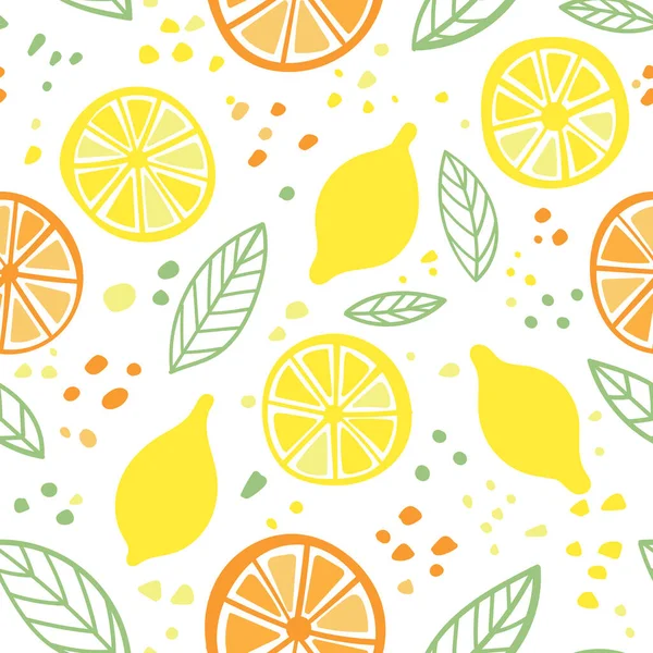 柑橘系のレモンとオレンジの色鮮やかなシームレスなパターンを残します 包装紙 アパレルなどの印刷 使用が可能です — ストックベクタ