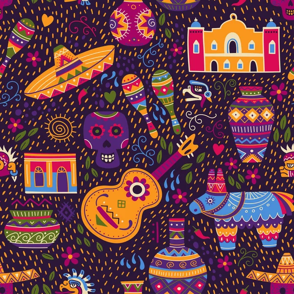 Векторный Бесшовный Рисунок Элементов Мексиканской Культуры Красочном Этническом Племенном Стиле Лицензионные Стоковые Иллюстрации