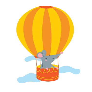 Renkli, düz, çocuksu bir şekilde hava balonundaki farenin vektör çizimi. Kart, pankart, poster tasarımı, selamlama, davet, rozet, çıkartma, afiş, resim kitabı için şablon olarak kullanılabilir.