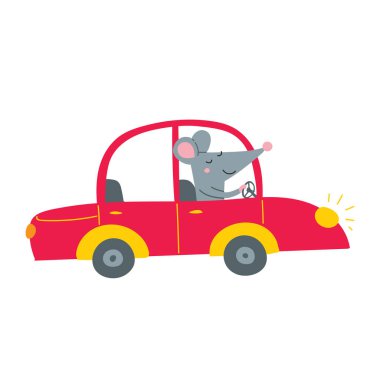 Kırmızı araba kullanan sevimli, mutlu farenin temsili çizimi. Yapıştırma, simge, logo, çocuk kitabı, afiş, kart tasarımı, poster, pankart, davetiye, rozet olarak kullanılabilir.