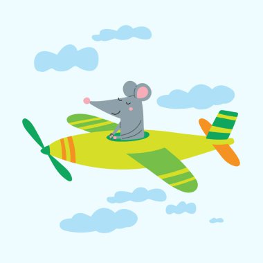 Uçakta bulutların arasında uçan sevimli fare pilotunun vektör çizimi. Kart tasarımınız için şablon olarak kullanılabilir, çocuk resimli kitap, poster, pankart, pankart, reklam, çocuk kıyafetleri.
