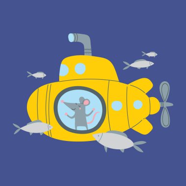 Vector illustration of rat in submarine in colorful flat childish style. Can be used as a template for your card, placard, poster design, greeting, invitation, badge, sticker, banner, picture book. clipart