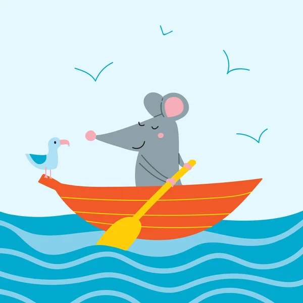 Vector Illustratie Van Schattige Rat Boot Met Meeuw Kan Worden — Stockvector