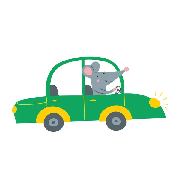 图为可爱的快乐老鼠驾驶绿色汽车的图片 可印刷并用作贴纸 儿童图书 卡片设计 招贴画 邀请函 — 图库矢量图片