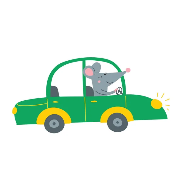 Illustration Vectorielle Rat Heureux Mignon Conduisant Voiture Verte Peut Être — Image vectorielle