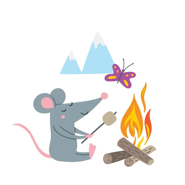 用彩色扁平的孩子气风格描绘营地中的老鼠 可用作卡片 标语牌 海报设计 问候语 邀请函 画册的模板 — 图库矢量图片