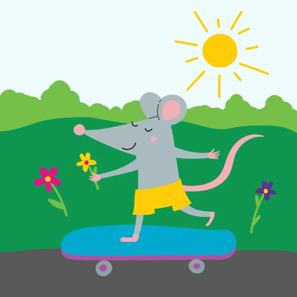 Vektor Illustration Der Ratte Auf Skateboard Farbenfroher Flacher Kindlicher Manier — Stockvektor