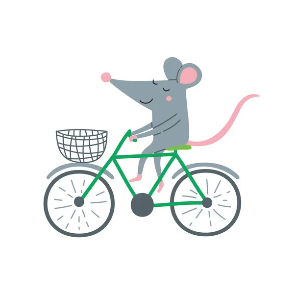 Illustration Vectorielle Vélo Équitation Rat Dans Style Coloré Plat Enfantin — Image vectorielle