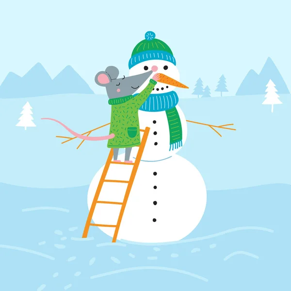 Векторная Иллюстрация Крысиного Снеговика Красочном Плоском Детском Стиле Использован Соблазн — стоковый вектор