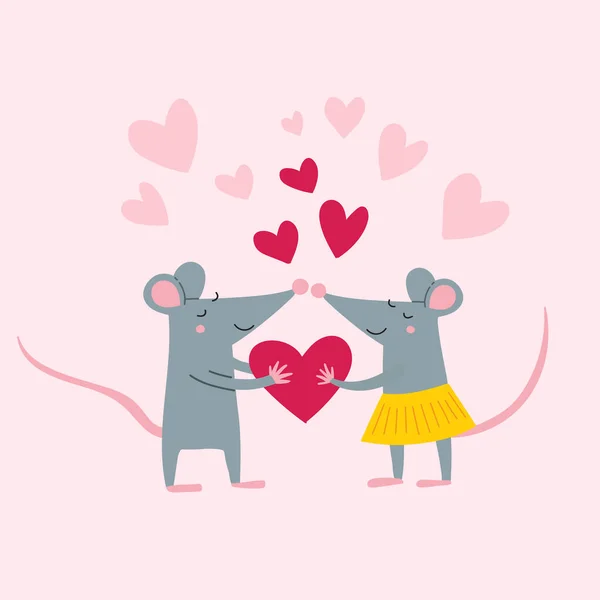 Illustration Vectorielle Couple Rats Amoureux Dans Style Enfantin Plat Coloré — Image vectorielle