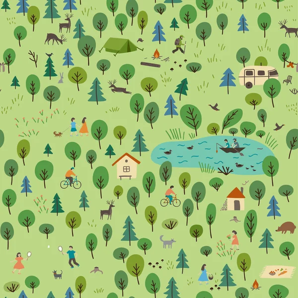 Patrón Sin Costuras Vectorial Paisaje Forestal Verano Con Animales Salvajes — Archivo Imágenes Vectoriales