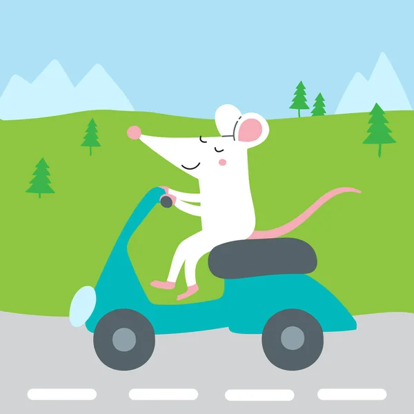 Illustration Vectorielle Mignon Rat Équitation Scooter Voyageant Pour Des Vacances — Image vectorielle