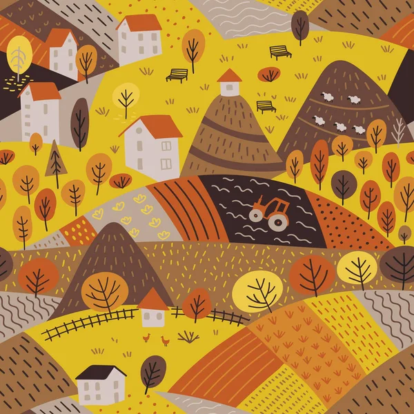 Векторная Бесшовная Картина Осеннего Деревенского Пейзажа Фермой Полями Горами Лесами — стоковый вектор