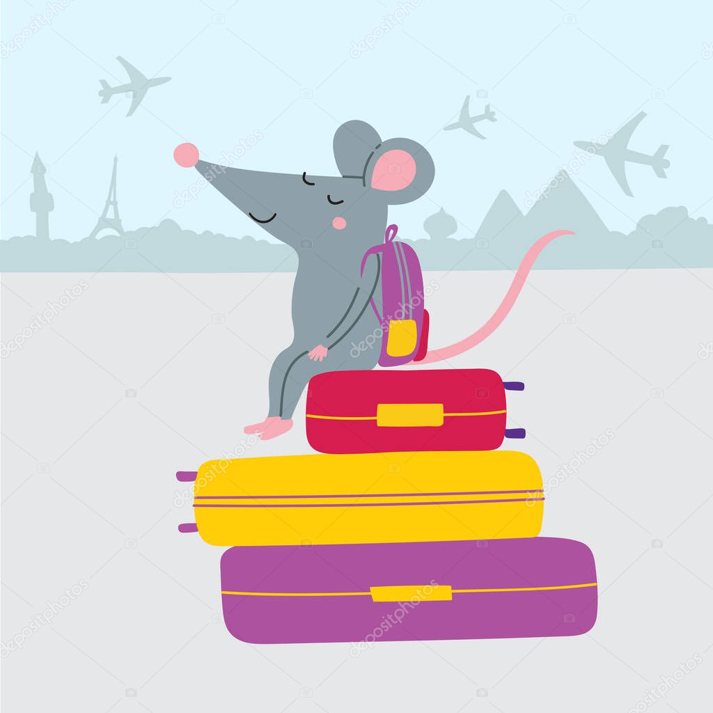 Vector illustration of rat sitting on suitcases in colorful childish style. Can be used as a template for your card, placard, poster design, greeting, invitation, badge, sticker, banner, picture book.