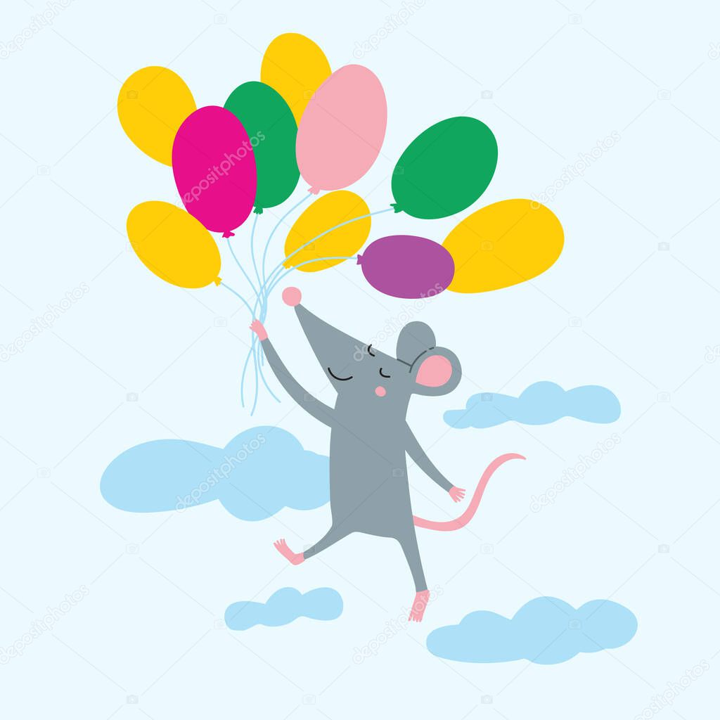 Vector illustration of cute rat flying with colorful air balloons in the sky. Can be used as a template for your Birthday card design, placard,poster, invitation