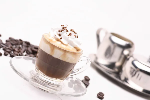 Heißer Espresso Con Panna Coffy Einem Klaren Glas Auf Weißem — Stockfoto