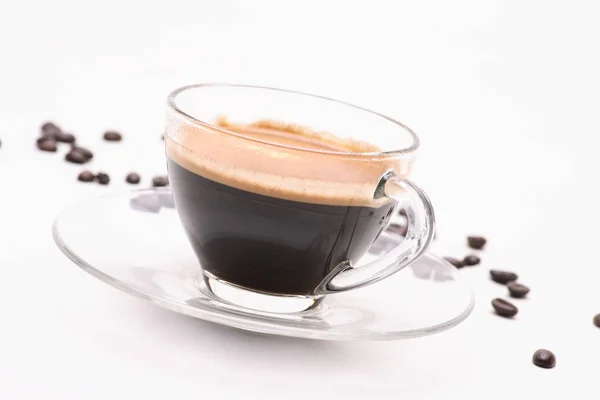 Heißer Schwarzer Kaffee Einem Klaren Glas Auf Weißem Hintergrund Mit — Stockfoto