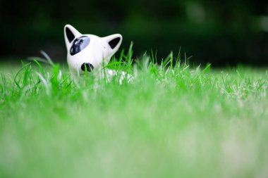 Yeşil çim üzerinde beyaz seramik köpek oyuncak