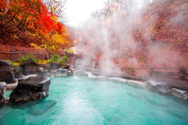 Japon Hot Springs Onsen doğal banyo çevrili kırmızı-sarı yaprakları. Sonbahar yaprakları sonbaharda Yamagata içinde. Japonya.