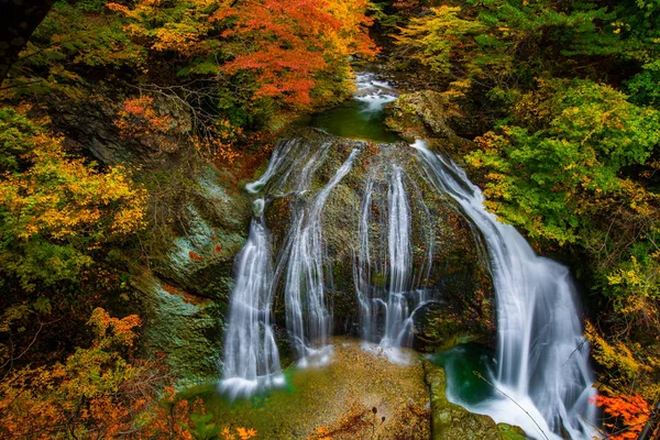Şelaleler renkli sonbaharda arasında bırakır. Japonya'nın Yamagata