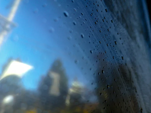 Gotas Agua Parabrisas Gota Agua Exterior Las Sombras Las Hojas — Foto de Stock