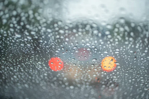 Spot Focus Drops Rain Flowing Car Glass Time Rain Blurred — Stock Photo, Image