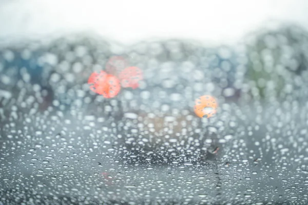 Spot Focus Drops Rain Flowing Car Glass Time Rain Blurred — Stock Photo, Image