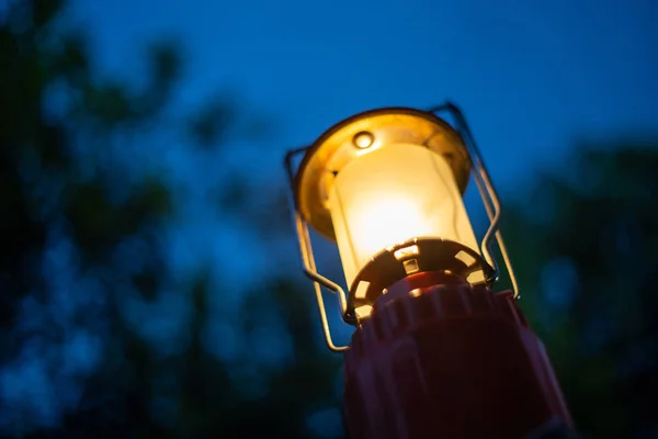 柔らかい焦点キャンプガスランプ 森の中には青空がある背景は木のシルエットです 夜の森の中で一晩 — ストック写真