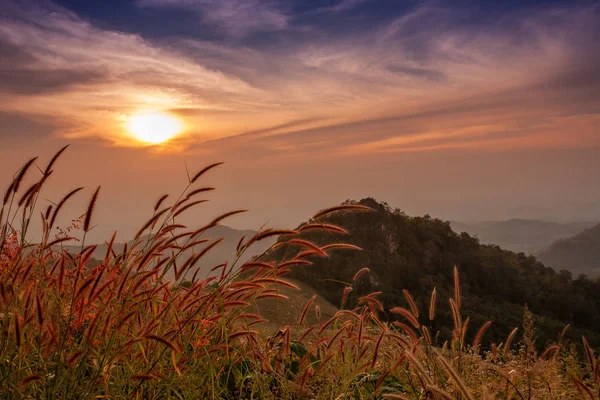 Akşam dağların güzel manzara, güneş düşüyor. Doi Samer-Dao, Nan, Tayland'da kışın güneş ışığı ve sis