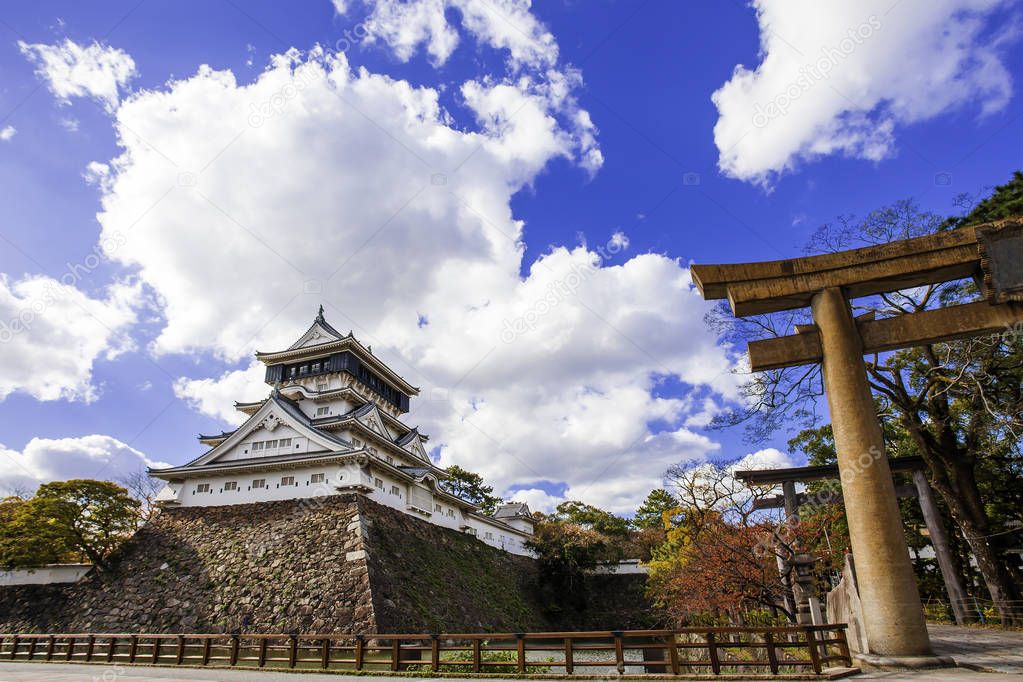 Kokura Castle was built by Hosokawa Tadaoki in 1602; Historical building.Kokura Castle is a Japanese castle in Kitakyushu; Fukuoka Prefecture; Japan. With colorful leaves and blue sky.