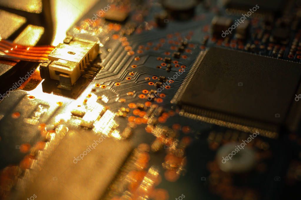 Circuit board.Motherboard digital chip. Electronic computer hardware technology.Integrated communication processor.Information engineering component.Tech science background.shallow focus effect.