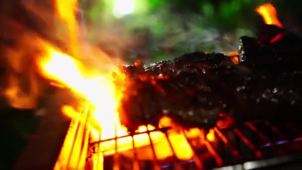 黒地に火の多いグリルから肉片を飛び散らせる — ストック動画