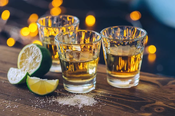 Shot Tequila Lime Salt Bokeh Background — Stock Photo, Image