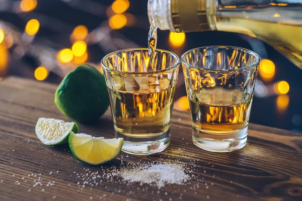 Shot Tequila Lime Salt Bokeh Background — Stock Photo, Image