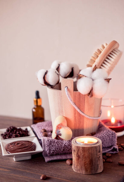 Skin and body care or Spa attributes on wooden table.