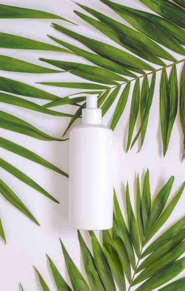 Creative minimalistic cosmetic packaging plastic mock up with palm leaves. Mock-up for branding and label.